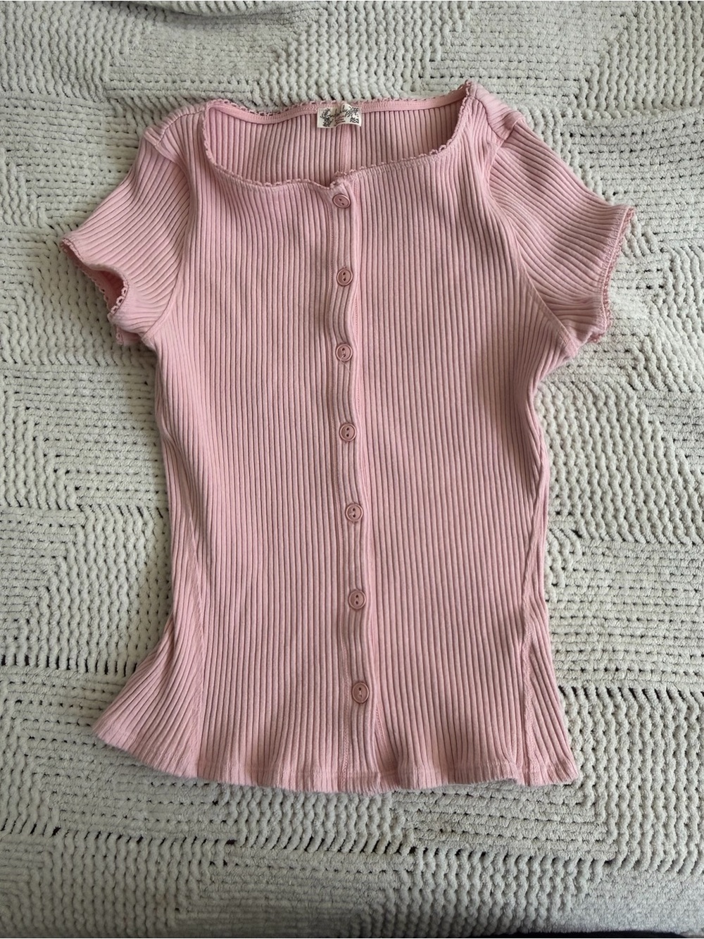 Free People Pink Ribbed Button-Front Short Sleeve Top